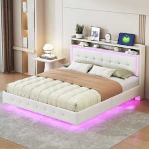 Lit double avec port USB et lumi&egrave;re LED, lit adulte, t&ecirc;te de lit, lit plat, 160x200cm, lin, beige