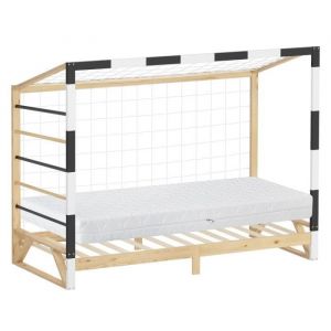 Ml-design - Lit d'Enfant Football 90x200 cm avec Matelas en Mousse Housse Amovible, Blanc et Noir, Cadre en Bois de Pin Massif Robuste, Sommier &agrave;