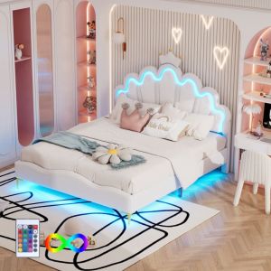 Lit double Lit adulte 140 x 200 cm avec bande lumineuse led, en cuir pu, blanc
