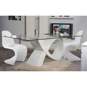 Ensemble Table de repas - GIOVANNI MARCHESI - ALPHA - 6 chaises PopArt - Verre Tremp&eacute; - MDF Blanc
