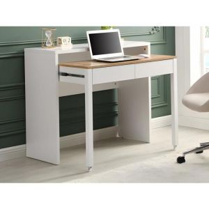 Bureau console extensible avec 2 tiroirs - Blanc et naturel - LOAVIA