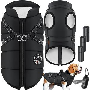 Lovpet Manteau pour Chien avec Harnais, 45 Sacs à déjections Canines + Distributeur, Gilet d'hiver doublé imperméable rembourré avec Sangle de Poitrine, réflecteurs, Anneau en D, Taille 4XL, Noir