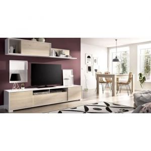 Composition de salon TV - KEN - Blanc Brillant / Ch&ecirc;ne - Portes et &eacute;tag&egrave;re - 200 x 41 x 180 cm