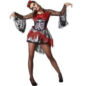 TecTake Halloween Dancer Costume Ladies - L - Red - Robe avec imprim&eacute; squelette, dentelle et serre-t&ecirc;te