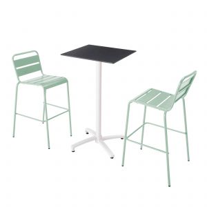 Image de Oviala Ensemble table haute stratifié noir et 2 chaises hautes vert sauge