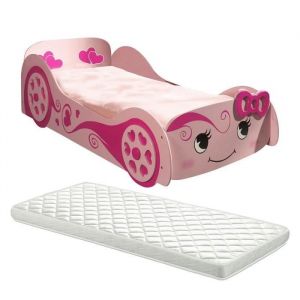 LOVELY - Lit Voiture 90x200cm Rose Motifs Coeurs + Matelas Avec Matelas