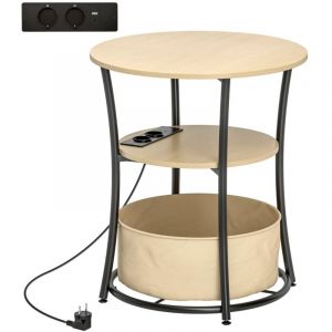 Petite Table Basse Ronde, Table d'Appoint, Bout de Canap&eacute; avec Panier en Tissu - &Eacute;tag&egrave;re &agrave; trois niveaux avec station de recharge, couleur bois