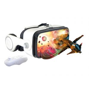 Inovalley Lunettes r&eacute;alit&eacute; virtuelle 3D avec casque int&eacute;gr&eacute; et manette bluetooth 21 x 11,5 x 20 cm Blanc