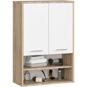 Akord - Armoire salle de bains suspendue fin Ch&ecirc;ne Sonoma 64 cm 2 portes fa&ccedil;ade Blanche 4 &eacute;tag&egrave;res 64x30x94 cm
