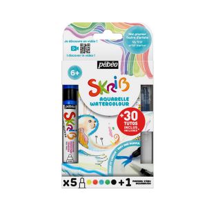 Pebeo Marqueur gouache Skrib + pinceau &agrave; r&eacute;servoir d'eau 5 couleurs
