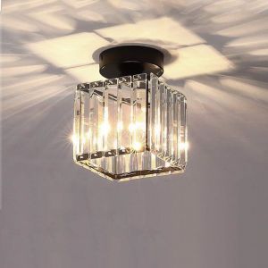 Plafonnier Moderne Lustre Abat-jour en Cristal et Métal LED Suspension Luminaire éclairage E27 Lampe de Plafond Carré pour Chambre salon Couloir