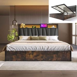 Lit double 180x200 cm - JAERLIUB - Lit coffre - T&ecirc;te de lit avec USB - &Eacute;clairage LED - Gris