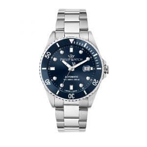 Philip Watch Montre Pour Homme - Caribe 42mm Auto 3h - Bracelet En Acier - Cadran Bleu - Etanche 3 Atm