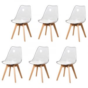 Wokaka - Lot de 6 Chaises de Salle à Manger - Scandinave - Pieds en Bois Massif - Chaises Transparente - Blancs