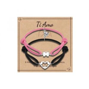 Bracelets Couple Puzzle C?ur Assortis Noir Et Rose Lot De 2 Bijoux R&eacute;glables En Acier Inoxydable Et Cordon Nylon Pour Homme Et Femme
