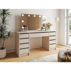 Coiffeuse double avec miroir à LEDs - 9 tiroirs – Beige - JENEMI