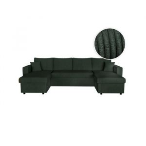 Loungitude Canapé d'angle panoramique MARIA convertible avec 2 coffres en velours côtelé - Vert foncé
