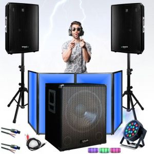 Ibiza Sound Pack Sono 2200W - 2 Enceintes 700W avec pieds - Caisson Basses 800W - Facade Lycra - Projecteur PAR LED - Soir&eacute;e Mariage