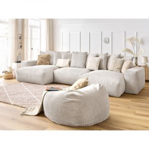 Bobochic Canap&eacute; panoramique fixe Canap&eacute; panoramique fixe voltaire velours c&ocirc;tel&eacute; avec pouf Panoramique Beige