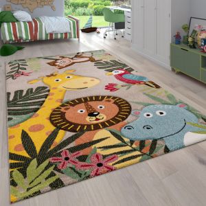 Paco Home - Tapis Pour Enfant Poils Ras Chambre Enfant avec Motifs Animaux et Jungle Beige, 133 cm carré