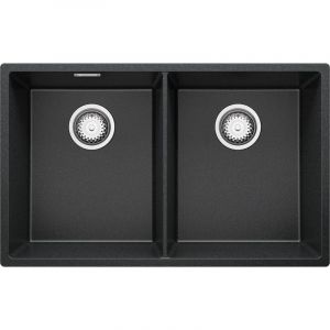 Vier Cusine en Granit 76x47 cm Lavabo Cuisine 2 Bacs + Kit de Vidage, Évier au meuble 80cm Évier à Encastrer de Primagran Graphite - black#white