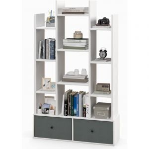 Bibliothèque avec 2 Tiroirs Amovibles et 12 étagères de Rangement pour Salon Chambre étude Bureau Style Moderne Blanc