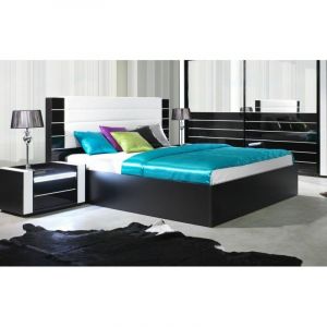 Image de Lit double 160 cm avec option coffre LINA Coloris noir et blanc brillant avec une finition en simili cuir Sommier inclus 200 Noir