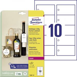 Avery-Zweckform T2001-10 Lot de 100 étiquettes robustes avec cordons (90 x 50 mm sur A4, étiquettes de produit imprimables des deux côtés, bords extra lisses, étiquettes cadeaux, étiquettes de prix)