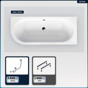Baignoire asymétrique - 160 x 75 cm - Droite - sans Habillage - avec Pieds - Vidage Chrome - AVITA SLIM