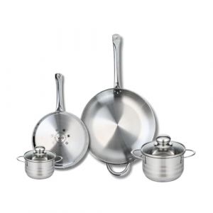 Elo 9878950 Batterie de cuisine 4 pièces, Ensemble de 2 Poêles de cuisson 24 et 32 cm et 2 faitouts 12 et 16 cm Profi Brillant, inox, induction