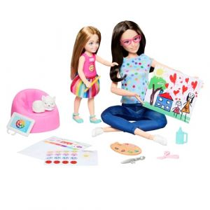 Mattel Art-thérapeute Coffret avec poupée thérapeute,petite poupée avec maillot émoticône à faire tourner,accessoires dont un animal,des éléments de jeu sur le thème de l’art et des autocollants,HRG48