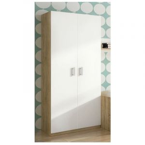 Pegane Armoire, meuble de rangement 2 portes coloris Chene cambrian/Blanc - Longueur 90 x profondeur 50 x hauteur 199,4 cm -