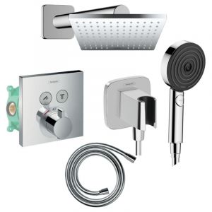 Hansgrohe Colonne de douche thermostatique ShowerSelect e Douche de tête Vernis Shape Flexible Isiflex Douchette Pulsify chromé