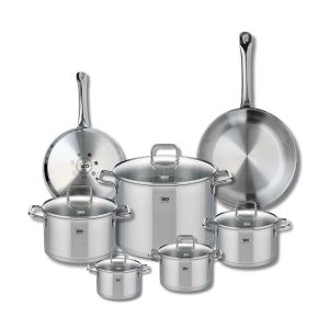 Elo 9504550 Batterie de cuisine 7 pièces, Ensemble de 2 Poêles de cuisson 24 et 28 cm et 5 faitouts 12, 14, 16, 20 et 26 cm Profi Citrin, inox, induction