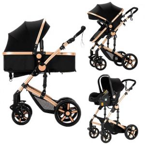 Poussette 3 En 1 Magic Zc Poussette Poussette Pliage Automatique Avec Grand Panier Avec Habillage Pluie Paysage &Eacute;lev&eacute; Noir Or