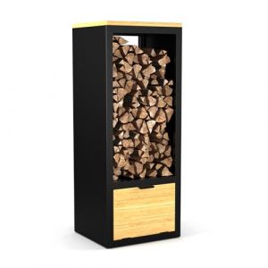 Blumfeldt Support de bois de chauffage – 2 en 1 Rangement & Étagère, Acier thermolaqué & bois d'Hévéa, 40x35x100 cm, Moderne & Pratique, Support