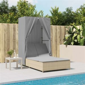 VidaXL Chaise longue double avec toit et rideaux beige résine tressée, transat, lit de jour d'extérieur, lit de jour de jardin, lit de bronzage