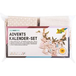 Folia 64121 Calendrier de l'Avent Basic avec motif imprimé, env. 10 x 13 cm, 24 sachets en tissu naturel, en coton et polyester, avec pendentif et fil, couleur naturelle