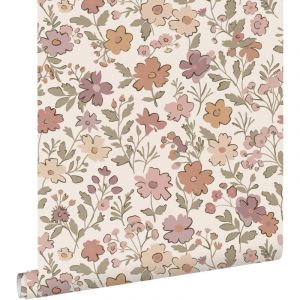 Estahome - papier peint fleurs mauve violet, vert grisé et terracotta