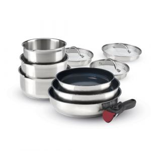 Qulinart by Brandt - Batterie de Cuisine à Induction 10 Pièces - Set de 3 Casseroles, 3 Poêles Anti-Adhésives, 3 Couvercles et Poignée Amovible - Acier Inoxydable - Tout Feu - Argenté/Noir