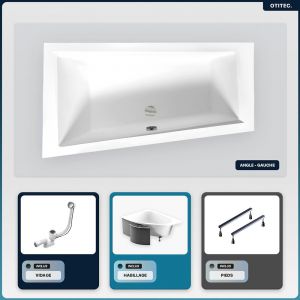 Baignoire asym&eacute;trique - 160 x 90 cm - Gauche - avec Habillage - Pieds - Vidage Chrome - INTIMA SLIM