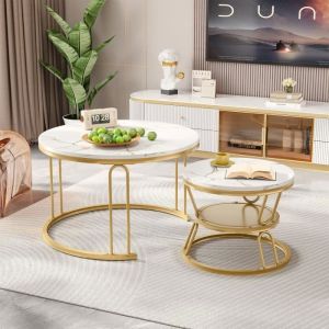 Lot de 2 table basse gigogne, table ronde, plateau en marbre, pied en fer forme en u, D70x45+D45x40cm doré