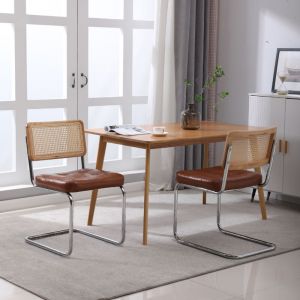 Lot de 2 chaises de salle à manger en rotin et en simili cuir rembourré doux, dossier en maille, pieds en métal chromé, marron