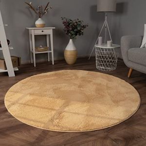 Paco Home Tapis De Salon Fausse Fourrure Peluche Tapis Shaggy Long Lavable, Dimension:120 cm Rond, Couleur:Jaune