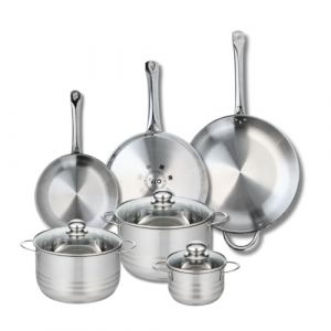 Fackelmann ELO 9886850 Batterie de cuisine 6 pièces, Ensemble de 3 Poêles de cuisson 24, 28 et 32 cm et 3 faitouts 14, 20 et 24 cm Elo Profi Brillant, inox, induction