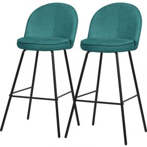 ML-Design Lot de 2 Tabourets de Bar en Tissu Bleu P&eacute;trole, Hauteur 75 cm, Chaises de Comptoir Rembourr&eacute;es avec Dossier et Repose-Pieds, Structure
