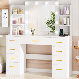 Coiffeuse avec Miroir et Station de Charge, LED, 9 Tiroirs de Rangment, 105X40X140cm, Blanc