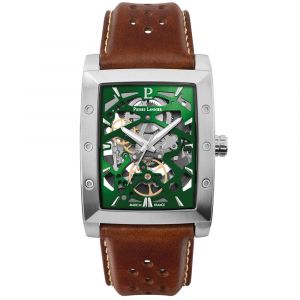 Pierre Lannier Montre Homme Hector Argenté Cadran Vert Bracelet Cuir Brun 26 Mm