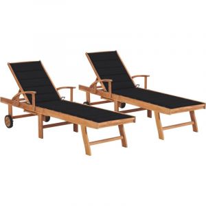 VidaXL Chaises longues 2 pcs avec coussin noir Bois de teck solide