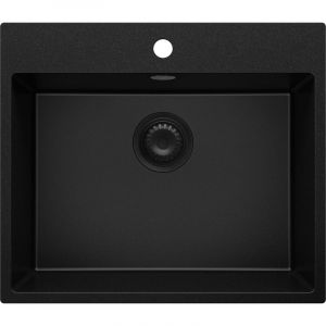 Primagran - vier Cusine en Granit 58x50 cm Lavabo Cuisine 1 Bac + Kit de Vidage, Évier au meuble 60cm Évier à Encastrer de Tout Noir